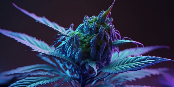 Vividly colored cannabis plant with a central bud surrounded by serrated leaves, artistically highlighted in shades of blue, purple, and green under ultraviolet light.