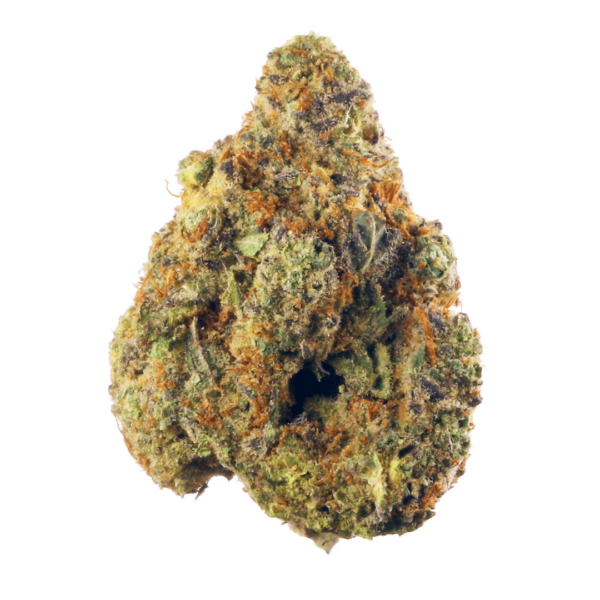 Von Delta 9 Labs Fruit of the Gods.Close-up of a cannabis bud with rich textures and orange pistils against a white background.